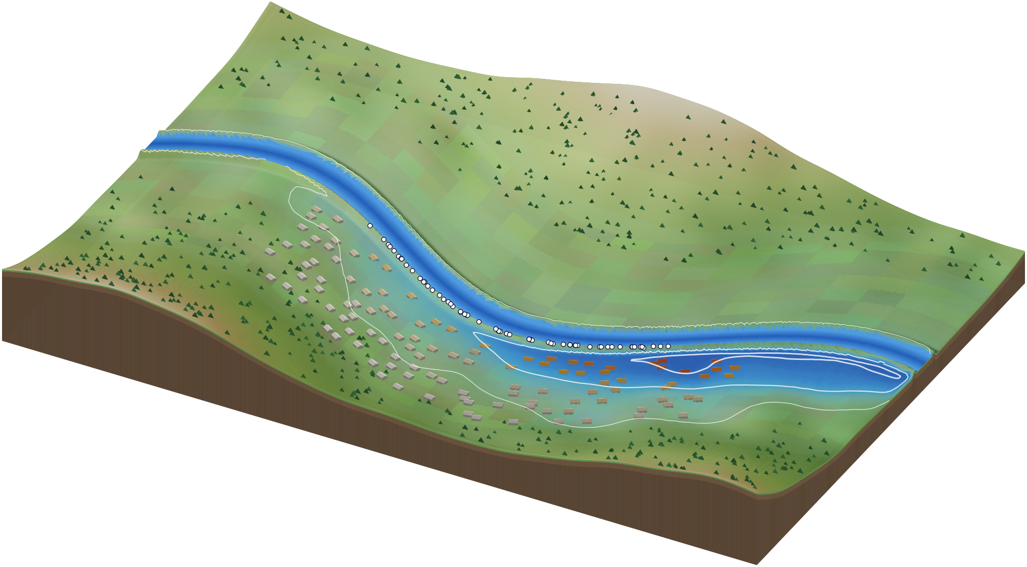 Flood probability downstream of a levee breach, with houses coloured by their chance of flooding