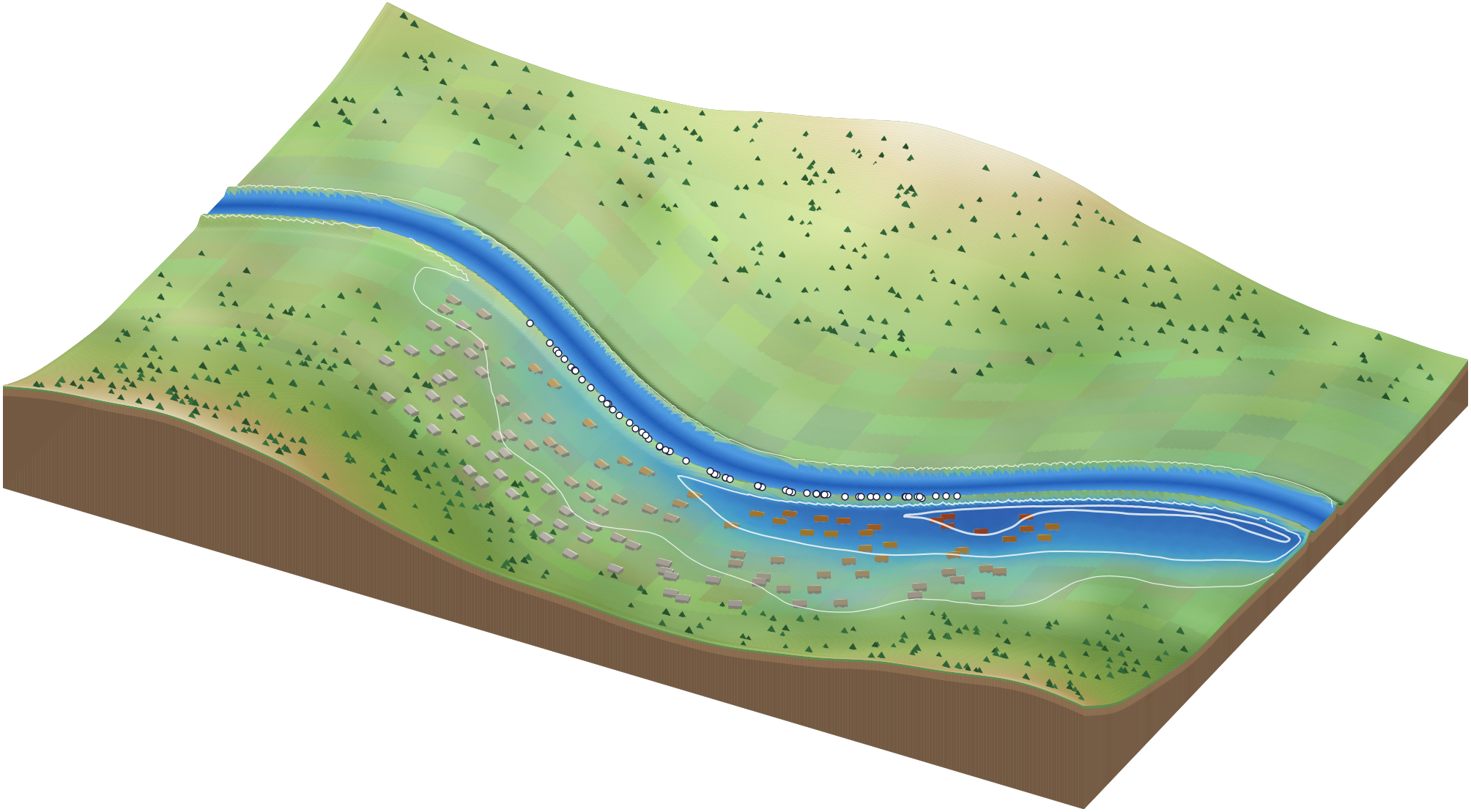 Flood probability downstream of a levee breach, with houses coloured by their chance of flooding